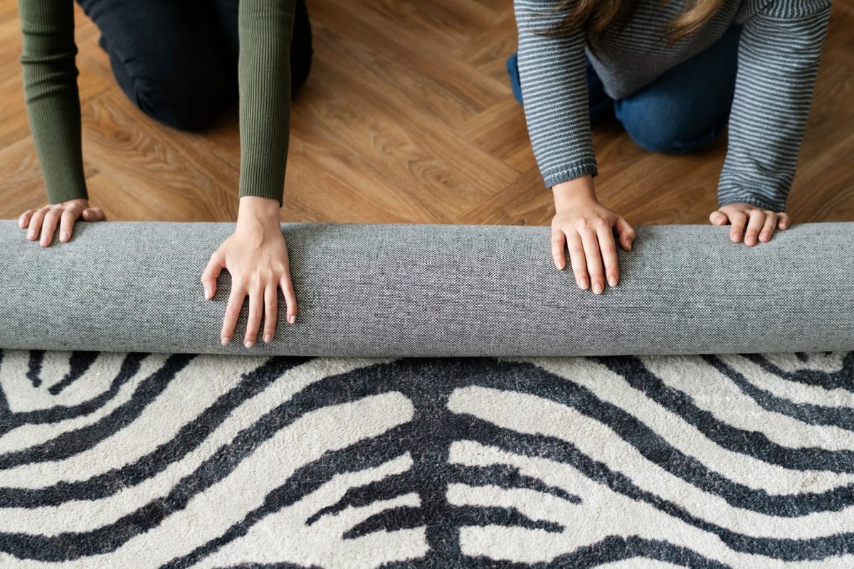Rolling up an animal print area rug