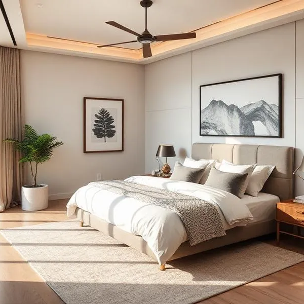 Modern bedroom with wood and carpet flooring