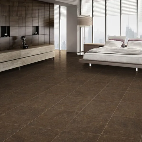 Brown vinyl tile flooring in a modern bedroom